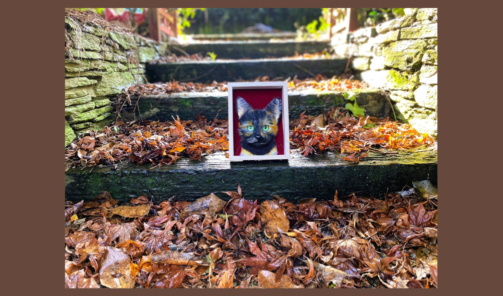 white grey needle felted cat portrait